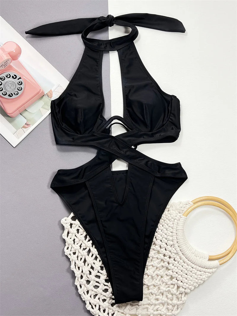 Black Halter One Piece Swimsuit 2024 Backless Swimwear for Women Sexy Hollow Out Bathing Suit Cross Bandage Monokini