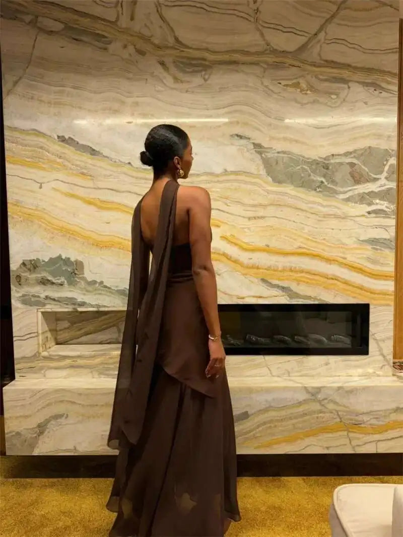 Elegant Strapless Sexy Maxi Dress For Women Gown With Scarf Off-shoulder Sleeveless Backless Split Beach Long Dress