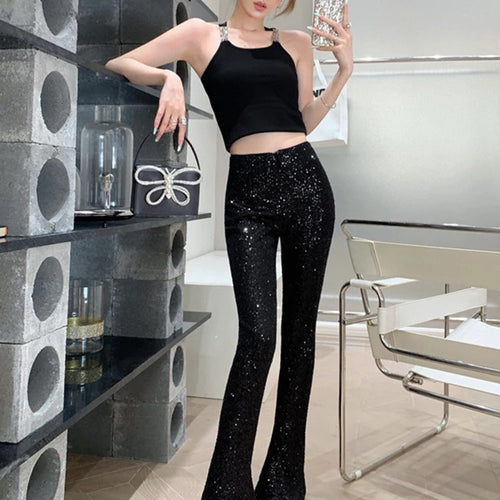 Load image into Gallery viewer, Patchwork Sequins Pants For Women High Waist Slim Split Hem Flare Pant Spring Female Style Fashion Clothing
