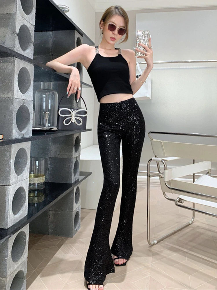 Patchwork Sequins Pants For Women High Waist Slim Split Hem Flare Pant Spring Female Style Fashion Clothing