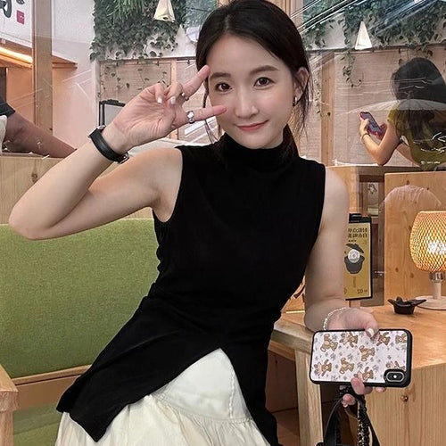 Load image into Gallery viewer, Harajuku Half Height Split Tee Shirts Women Y2k Aesthetic Solid Vintage Sleeveless T-Shirt Streetwear Casual Grunge Crop Tops
