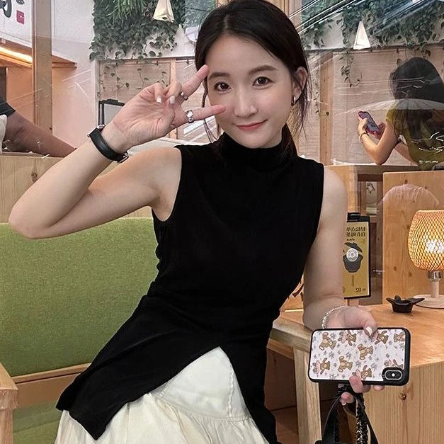 Harajuku Half Height Split Tee Shirts Women Y2k Aesthetic Solid Vintage Sleeveless T-Shirt Streetwear Casual Grunge Crop Tops