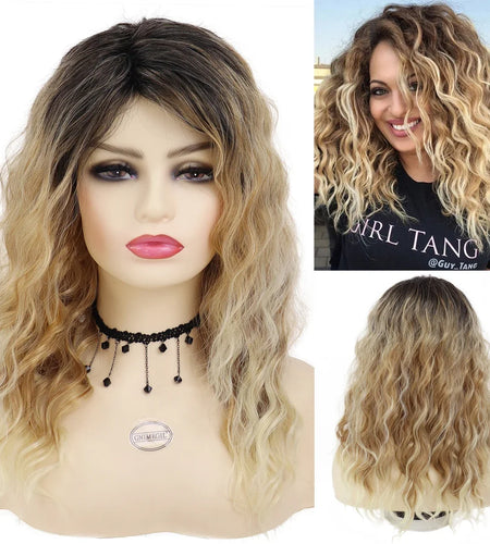 Synthetic Woman Wig Curly Long Wave Wig with Dark Root Blonde Ombre Wig Female Fluffy Hair Halloween Costume for Women