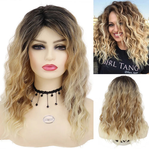 Load image into Gallery viewer, Synthetic Woman Wig Curly Long Wave Wig with Dark Root Blonde Ombre Wig Female Fluffy Hair Halloween Costume for Women
