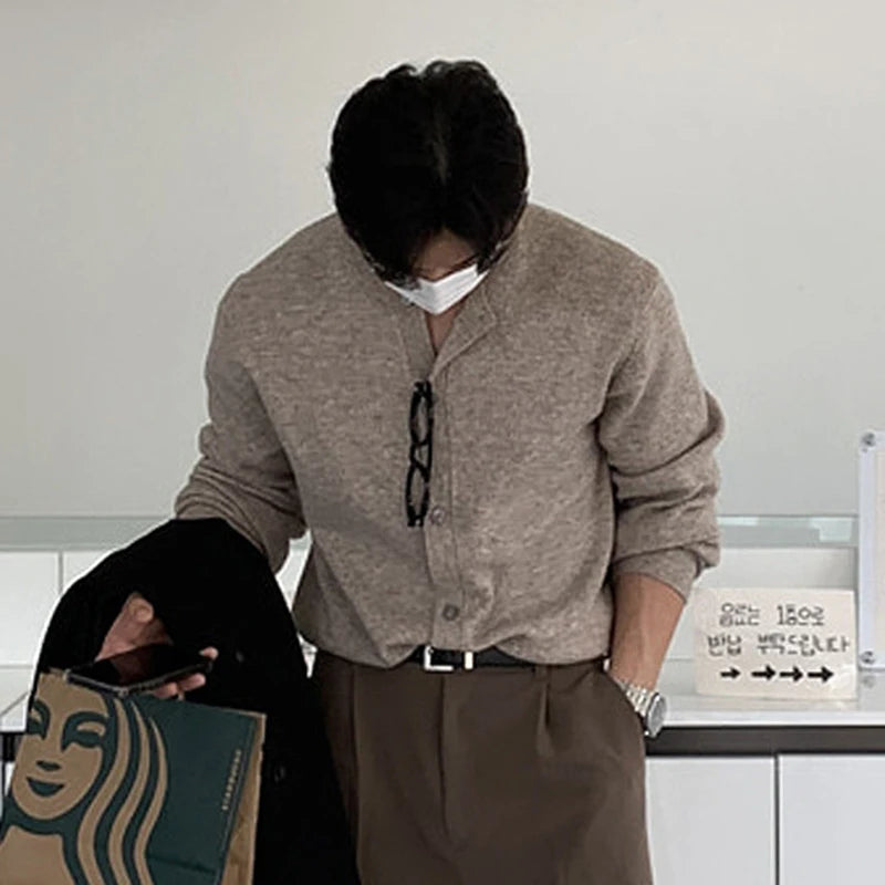 Men's Sweater Knitted Cardigan New Korean Style Solid Color Round Neck Trendy Single Breasted Male Casual Top 9W1815