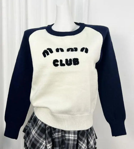 Autumn Winter Elegant Black White Colorblock Letter Embroidery Sweater Women Round Neck Long Sleeves Knit Pullover Top Versatile