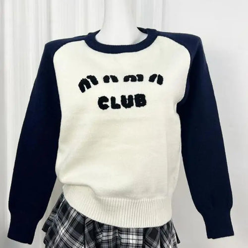 Load image into Gallery viewer, Autumn Winter Elegant Black White Colorblock Letter Embroidery Sweater Women Round Neck Long Sleeves Knit Pullover Top Versatile
