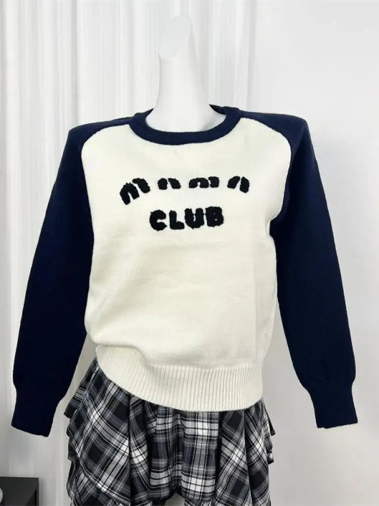 Autumn Winter Elegant Black White Colorblock Letter Embroidery Sweater Women Round Neck Long Sleeves Knit Pullover Top Versatile