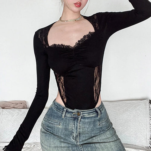 Load image into Gallery viewer, Fashion Sexy Skinny Party Bodysuit Female Folds Ruched Catsuit Chic Square Neck Lace Patchwork Body Transparent Goth

