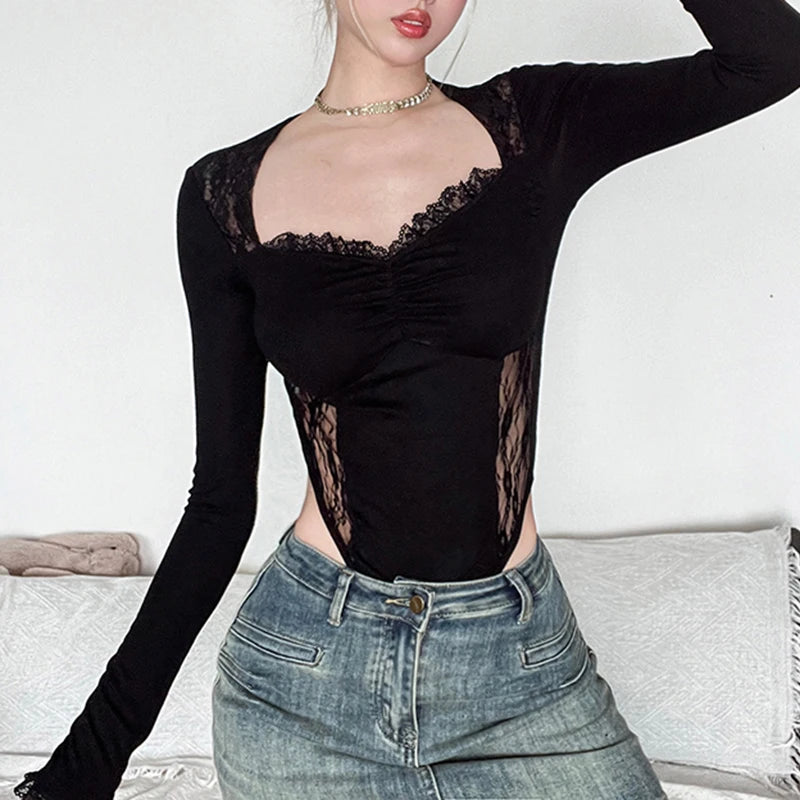 Fashion Sexy Skinny Party Bodysuit Female Folds Ruched Catsuit Chic Square Neck Lace Patchwork Body Transparent Goth