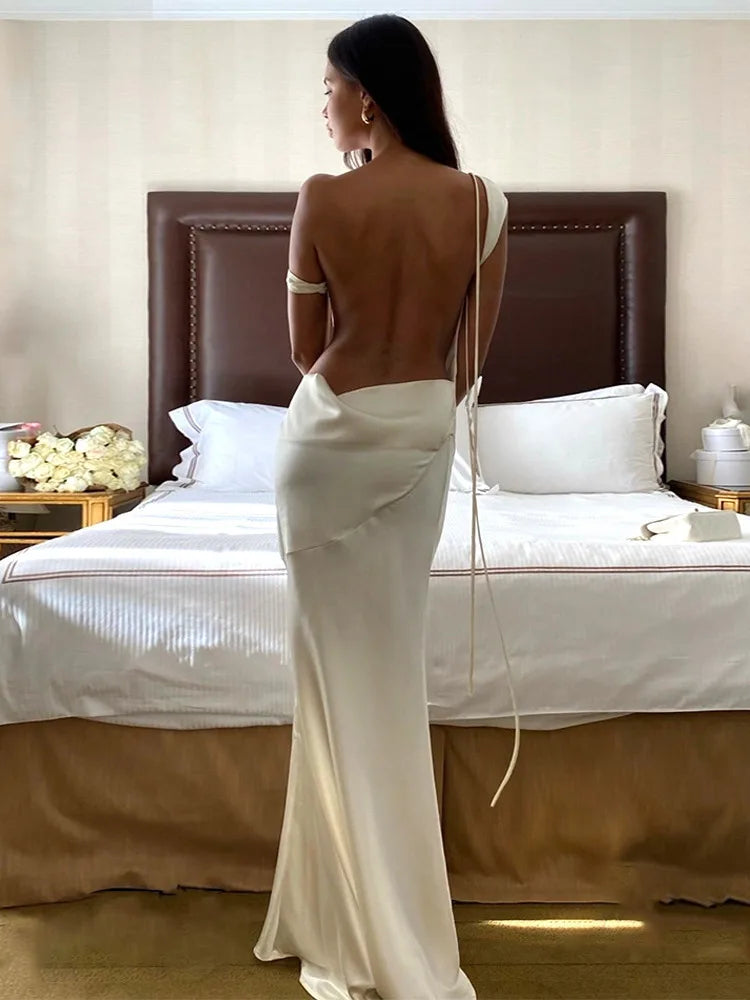 Sexy Sloping Shoulder Backless Bodycon Party Evening Dress Women 2025 New Sexy Sleeveless Elegant Satin Long Vestidos