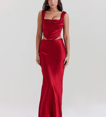 Satin Elegant Skirt Two Piece Set Women Sleeveless Backless Crop Tops And Long Skirt Ladies Club Party Sexy Skirt Set