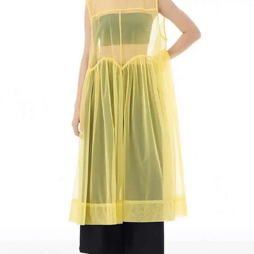 Load image into Gallery viewer, Women Black Big Hem Mesh Big Size Elegant Perspective Dress New Round Neck Sleeveless Fashion Spring Summer 2025 1DH6298
