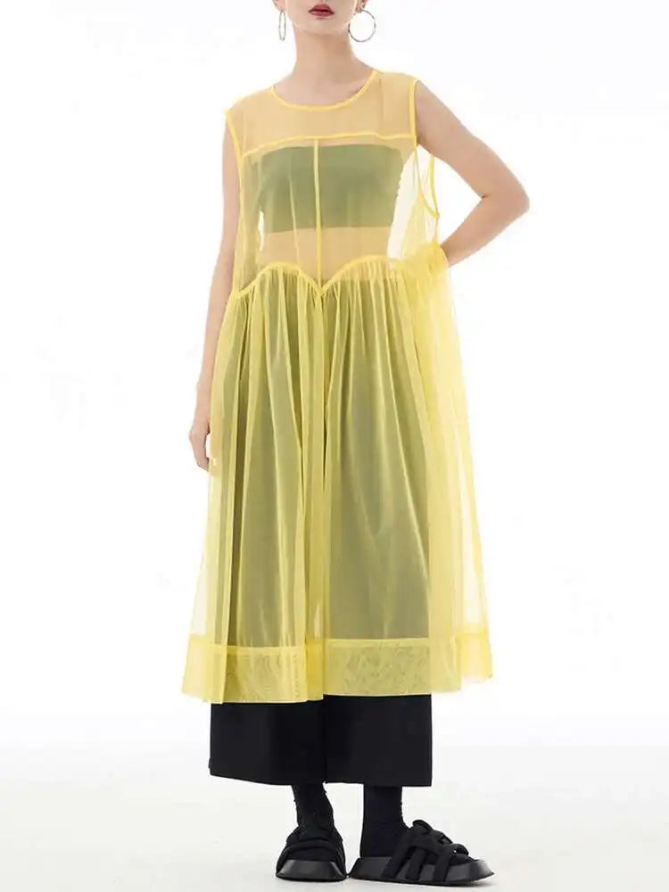 Women Black Big Hem Mesh Big Size Elegant Perspective Dress New Round Neck Sleeveless Fashion Spring Summer 2025 1DH6298