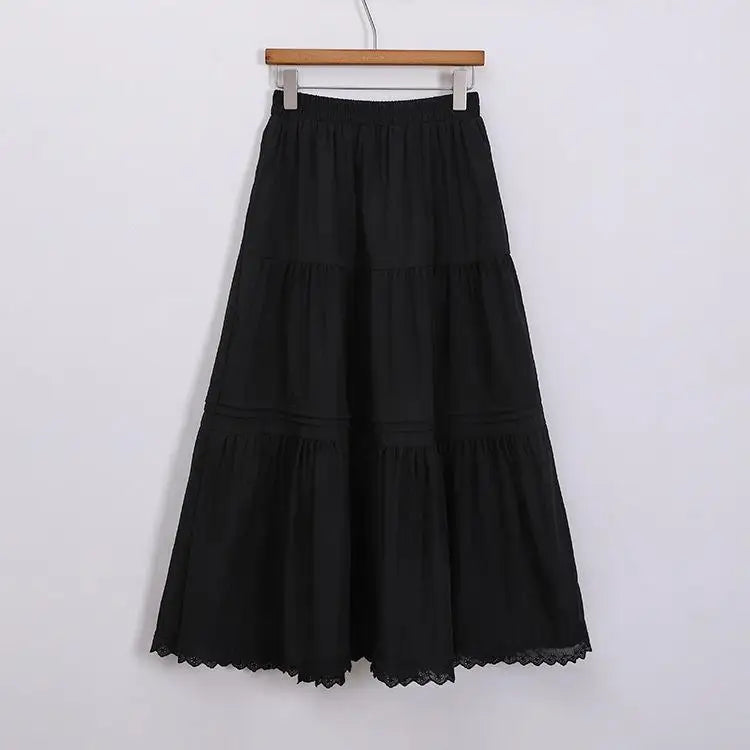 Spring Summer Black White Patchwork Lace High Waist Pleated Skirt Women French Vintage Beige Elegant Vacation Party Long Skirts