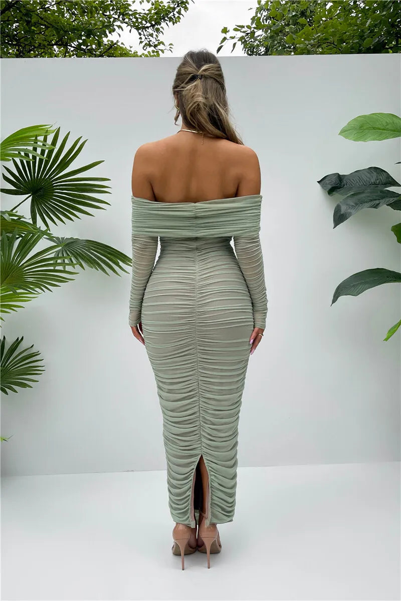Off-shoulder Long Sleeve Sexy Maxi Dress For Women Autumn New Strapless Backless Bodycon Ruched Party Long Dress