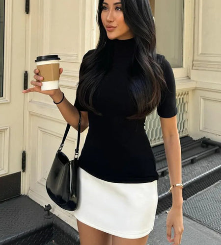 Sexy Half High Collar Half Sleeve Patchwork Mini Dress Women Slim Elegant High Waist Dress Streetwear Female Clothes
