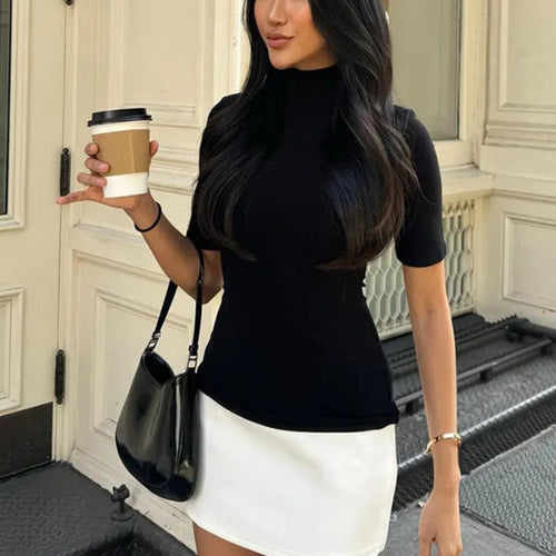 Load image into Gallery viewer, Sexy Half High Collar Half Sleeve Patchwork Mini Dress Women Slim Elegant High Waist Dress Streetwear Female Clothes
