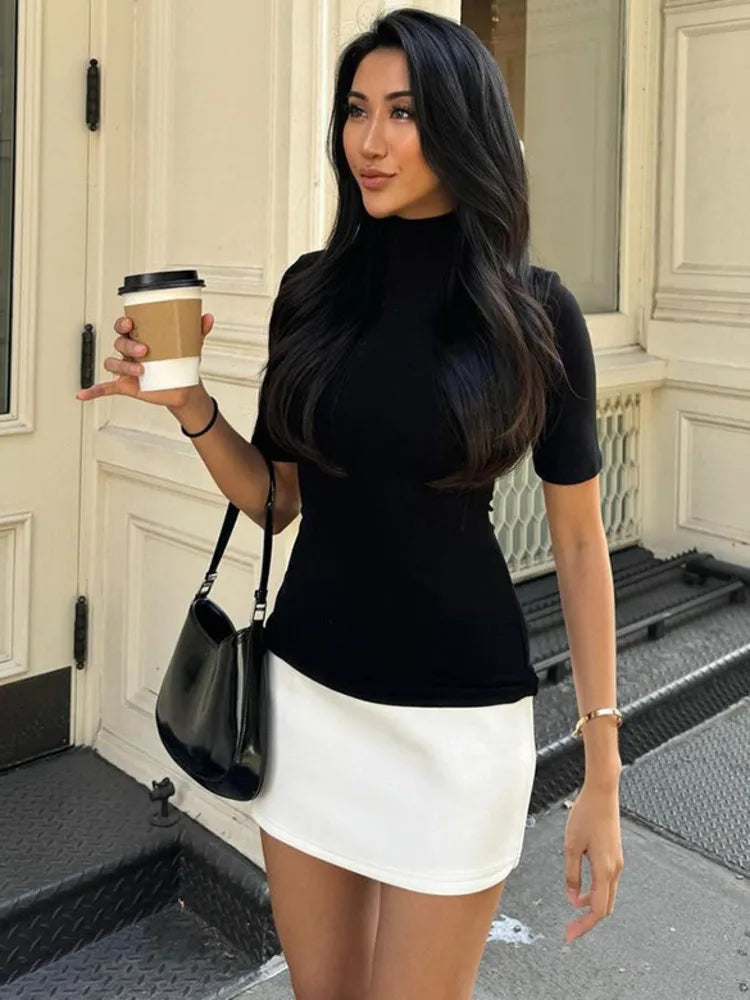 Sexy Half High Collar Half Sleeve Patchwork Mini Dress Women Slim Elegant High Waist Dress Streetwear Female Clothes