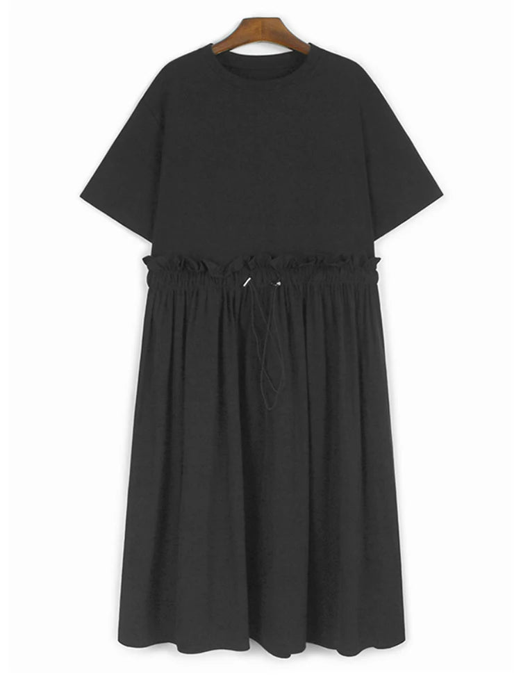 Women Gray Pleated Ruffles Big Size Elegant Midi Dress New Round Neck Short Sleeve Fashion Tide Spring Summer 2025 1DJ0927