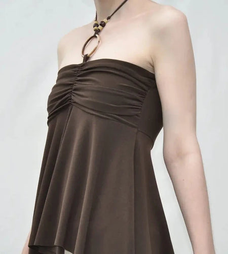 Vintage Brown Folds Halter Top Camisole Irregular Hem Fashion Y2K Ruched Sexy Party Tops Female Ring Off Shoulder Hot