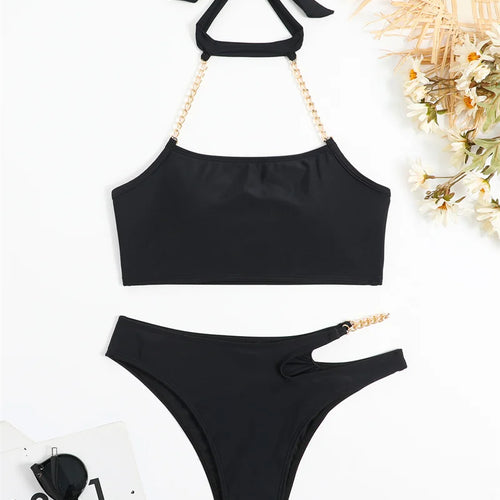 Load image into Gallery viewer, Metal Rings Halter Bikini Set Female High Waist Swimsuit Women Swimwear Bandeau Bathing Suit for Women
