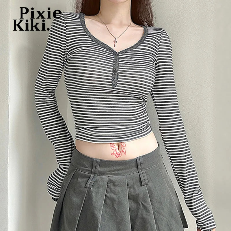 Lace Trim V Neck Long Sleeve Top Casual Gray Striped Print T Shirts Fall Clothes 2024 Women P84-BC12