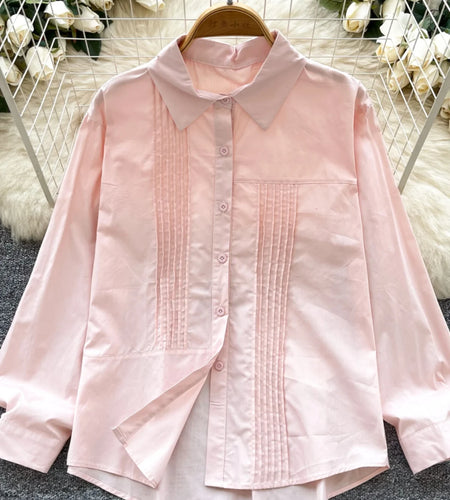 Spring Solid Single Breasted Long Sleeved Holiday Cardigan Shirt Women Loose Versatile Office Lady Pleated Blouse Simplicity New