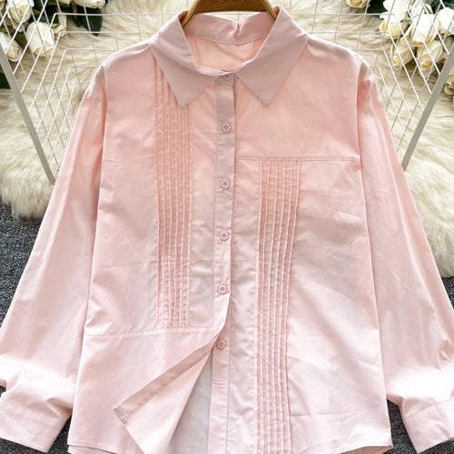 Load image into Gallery viewer, Spring Solid Single Breasted Long Sleeved Holiday Cardigan Shirt Women Loose Versatile Office Lady Pleated Blouse Simplicity New
