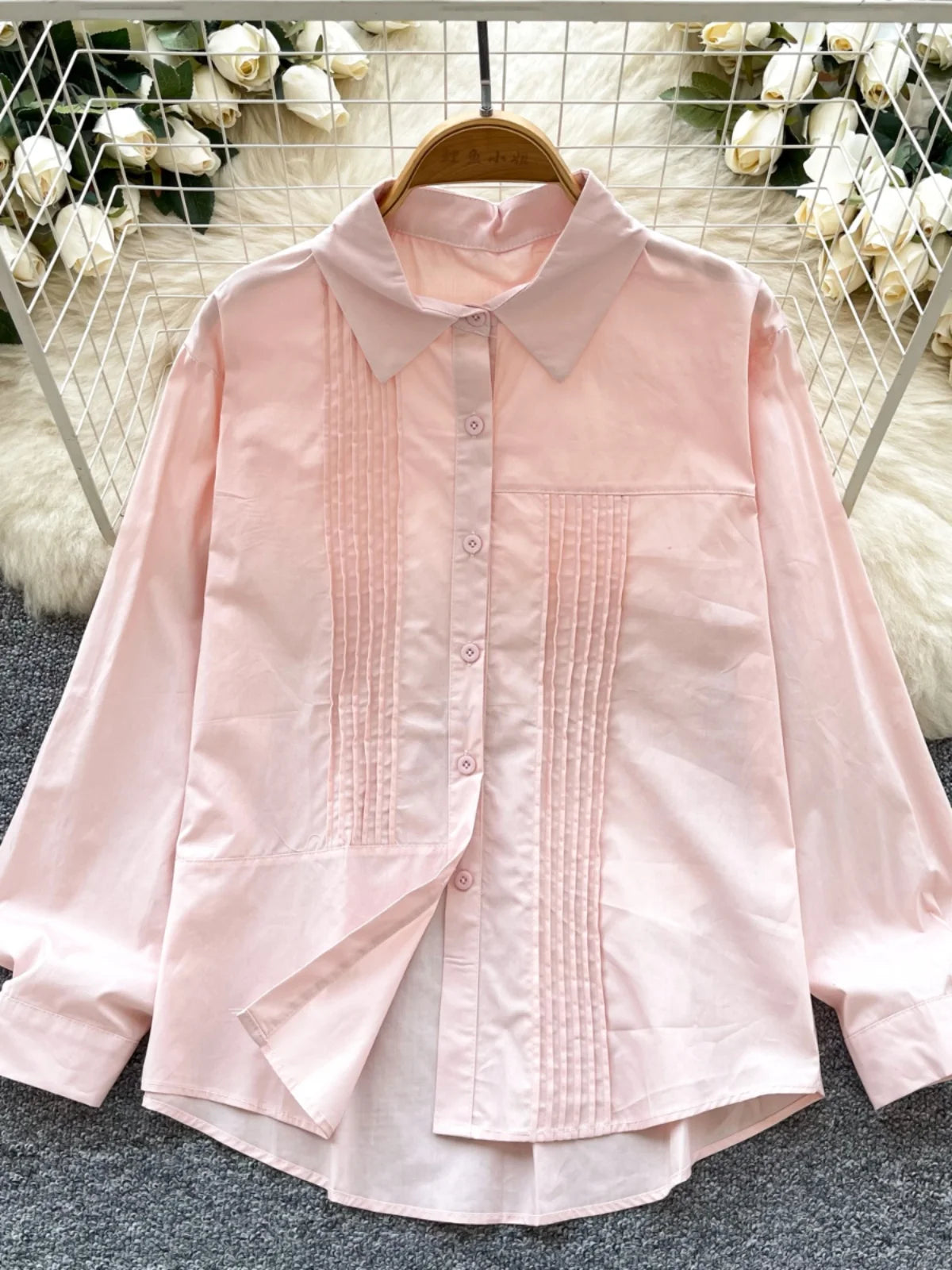 Spring Solid Single Breasted Long Sleeved Holiday Cardigan Shirt Women Loose Versatile Office Lady Pleated Blouse Simplicity New