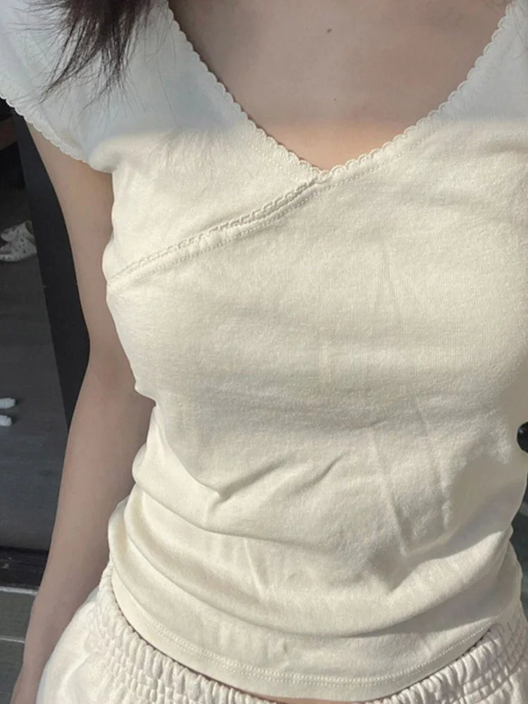 Vintage Slim T-Shirt Summer V Neck Streetwear Cotton Top 2024 Femme Sweet Cute Y2k Simple Tee Tops Woman Clothes