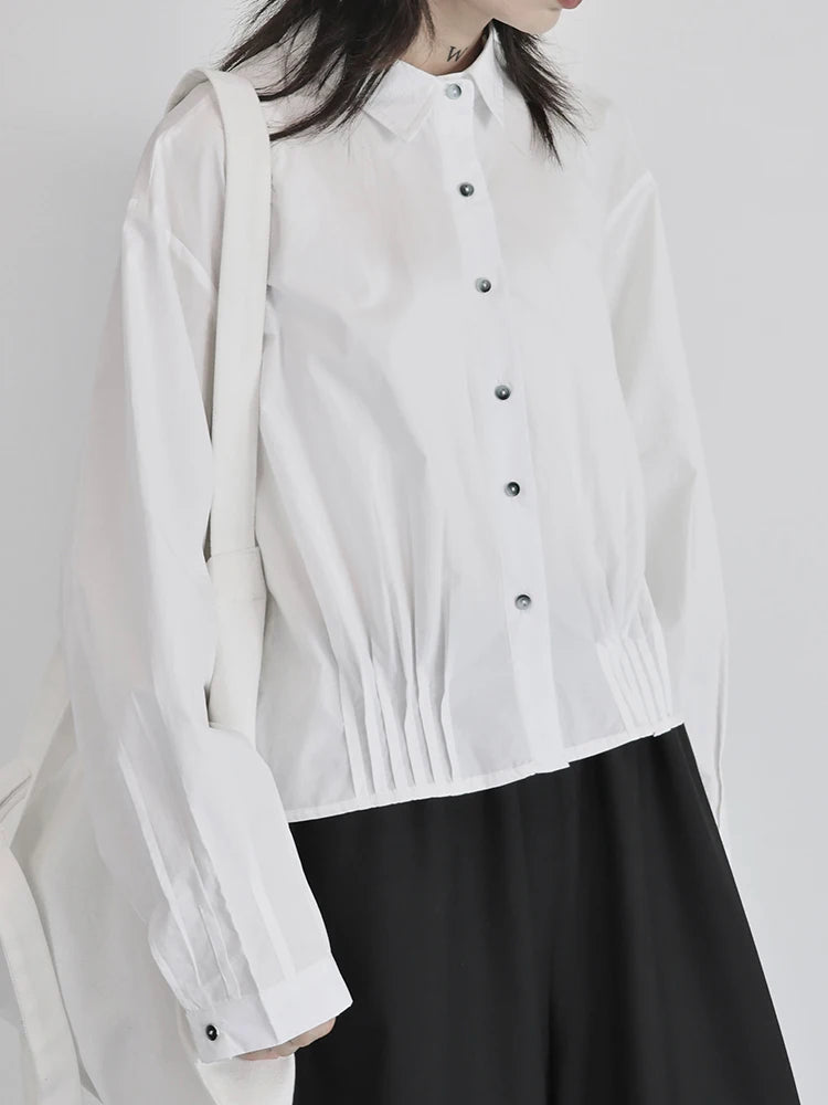 Women White Pleated Elegant Button Big Size Blouse New Lapel Long Sleeve Shirt Fashion Tide Spring Autumn 2025 1DJ0836