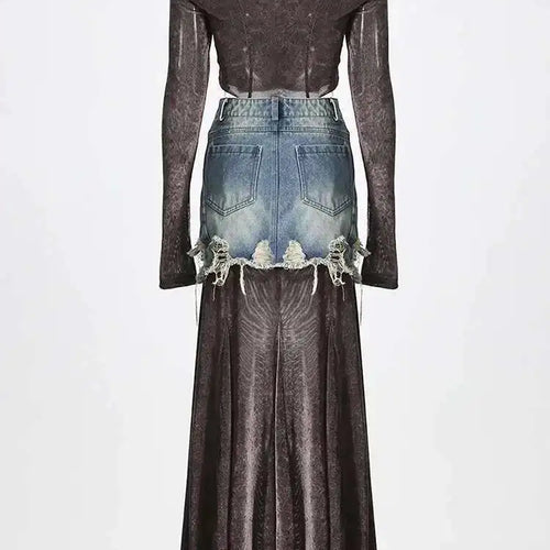 Load image into Gallery viewer, Velvet Denim T-shirt Half-body Skirt Two Pieces Suit New Slash Neck Long Sleeve Women Fashion Spring Autumn 2025 7AB6039
