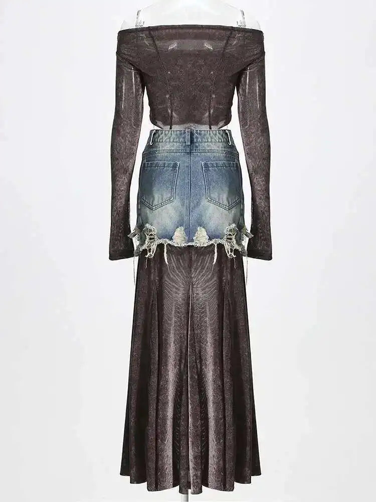 Velvet Denim T-shirt Half-body Skirt Two Pieces Suit New Slash Neck Long Sleeve Women Fashion Spring Autumn 2025 7AB6039