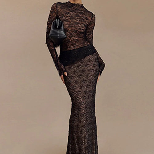 Load image into Gallery viewer, Fashion Lace Long Sleeved Round Neck Top Skirt Two-piece Set For Women 2024 Autumn Winter New Transparent T-shirt Set
