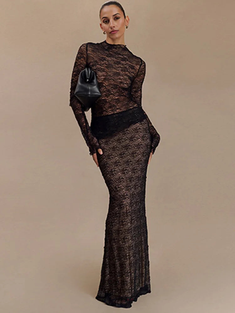 Fashion Lace Long Sleeved Round Neck Top Skirt Two-piece Set For Women 2024 Autumn Winter New Transparent T-shirt Set