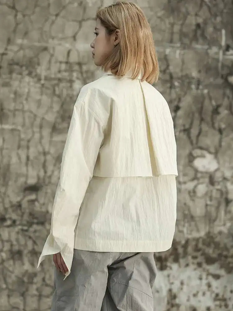 Beige Loose Fit Irregular Color-block Jacket New Stand Collar Long Sleeve Women Coat Fashion Spring Autumn 2025 1DF6811