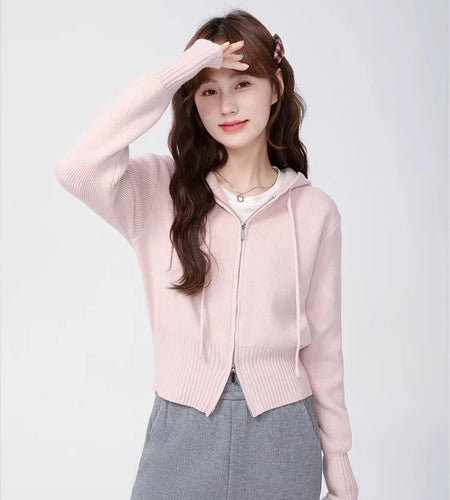 Korean Solid Hooded Double Zipper Cardigan Sweater Women Autumn Winter Long Sleeve Vacation Knitwear Tops Simplicity Streetwear