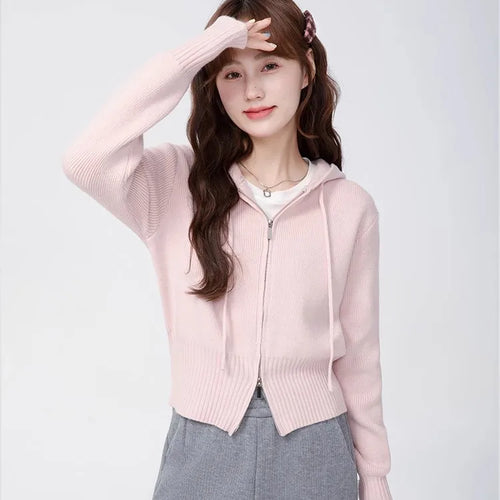 Load image into Gallery viewer, Korean Solid Hooded Double Zipper Cardigan Sweater Women Autumn Winter Long Sleeve Vacation Knitwear Tops Simplicity Streetwear
