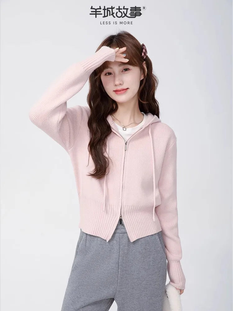 Korean Solid Hooded Double Zipper Cardigan Sweater Women Autumn Winter Long Sleeve Vacation Knitwear Tops Simplicity Streetwear
