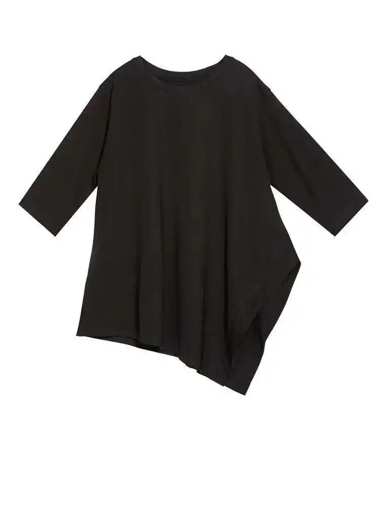 Women Green Irregular Hem Big Size Casual T-shirt New Round Neck Three-quarter Sleeve Fashion Spring Autumn 2025 1DH5949