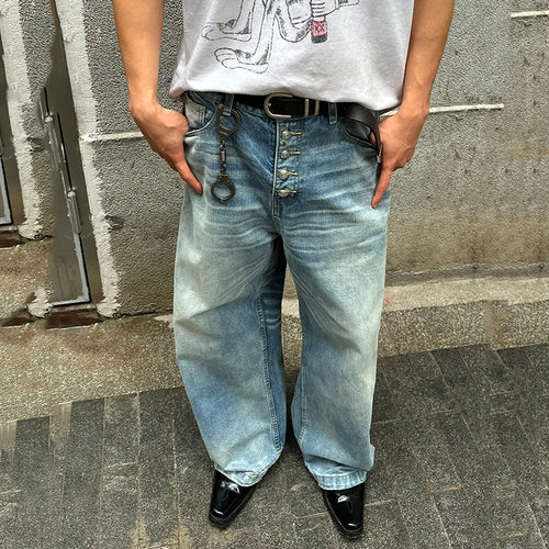 Load image into Gallery viewer, High Street Men&#39;s Denim Pants Loose Washing Bottun Design Straight Wide Leg Malwe Casual Jeans Autumn Simple 9C6709
