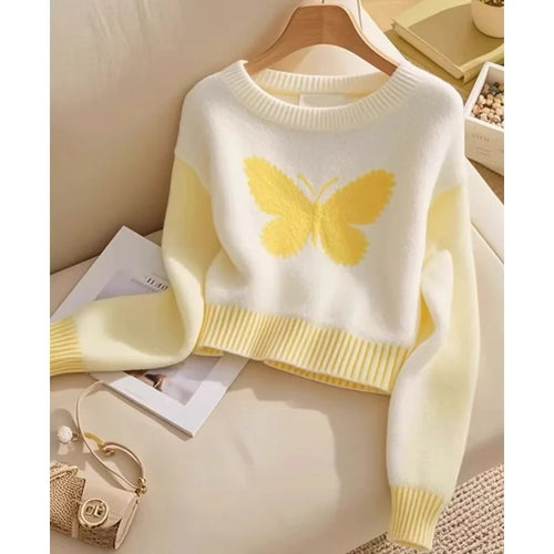 Load image into Gallery viewer, 2024 New Yellow Butterfly Patchwork Round Neck Knitted Sweater Women Streetwear Autumn Winter Vintage Long Sleeve Pullover Tops
