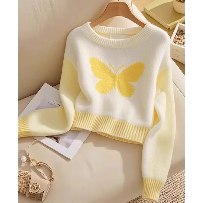 2024 New Yellow Butterfly Patchwork Round Neck Knitted Sweater Women Streetwear Autumn Winter Vintage Long Sleeve Pullover Tops