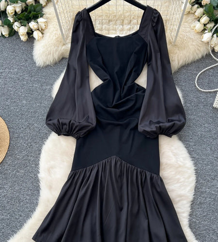 Vintage Women Elegant Black Ruffle Edge Birthday Party Fishtail Dress French Square Collar Lantern Long Sleeve Dress 2025 Autumn