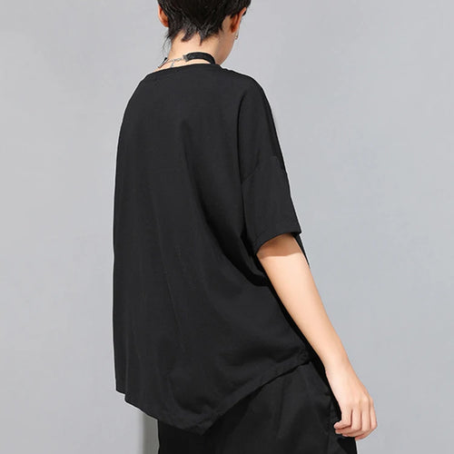 Load image into Gallery viewer, Women Black Ribbon Pocket Big Size Casual T-shirt New Round Neck Short Sleeve Fashion Tide Spring Summer 2025 1DJ1779
