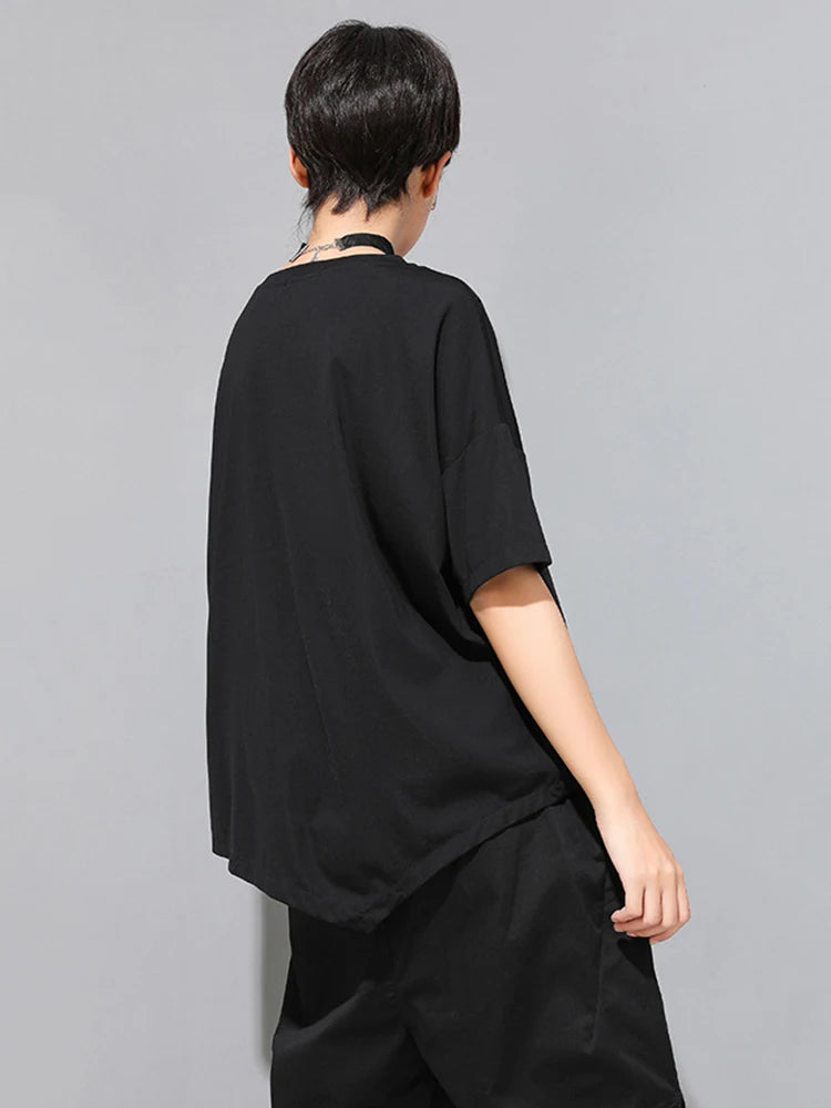 Women Black Ribbon Pocket Big Size Casual T-shirt New Round Neck Short Sleeve Fashion Tide Spring Summer 2025 1DJ1779