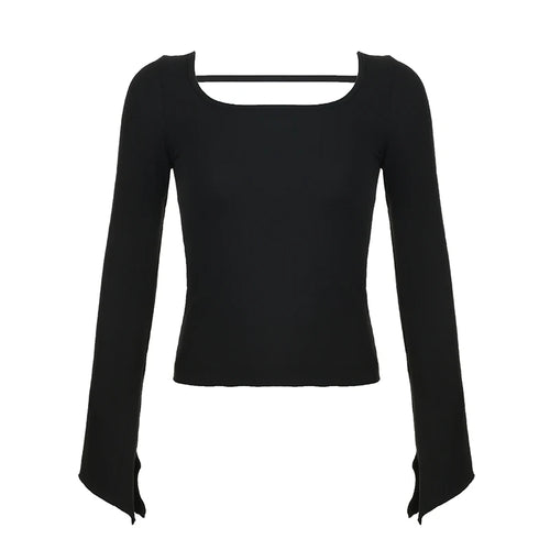 Load image into Gallery viewer, Fashion Chic Basic Black Autumn T shirts Female Flare Sleeve Slim Backless Design Sexy Cropped Top Girls Tee Outfits
