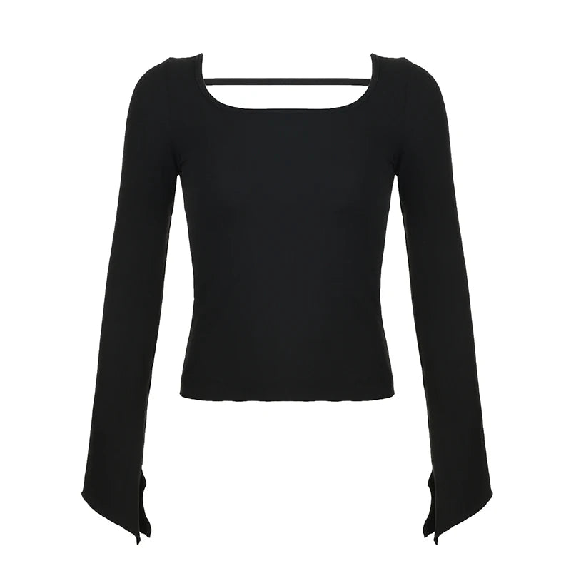 Fashion Chic Basic Black Autumn T shirts Female Flare Sleeve Slim Backless Design Sexy Cropped Top Girls Tee Outfits