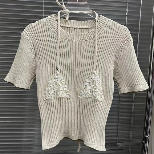 Load image into Gallery viewer, Patchwork Bead Casual Slimming Knitting Sweaters For Women Round Neck Short Sleeve Spliced Lace Up Sweater Female
